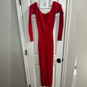 Hera Collection Red Long Sleeve Bodycon Maxi Ribbed  Dress Medium Open Back NWT